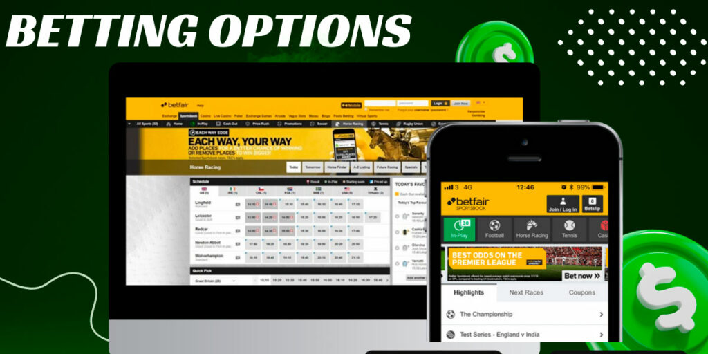 Betfair Betting options on the website and in the app